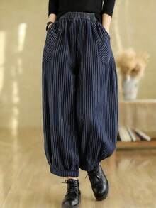 Quần harem dáng rộng kẻ sọc có túi dành cho nữ cỡ lớn, thích hợp cho trang phục đi làm hàng ngày vào mùa xuân. - Xanh đậm - Xem 1