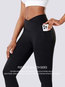 2 piezas/Set Pantalones ajustados de mujer con bolsillos laterales y cruzados en la cintura, Leggings de yoga de cintura alta adelgazantes para fitness, gimnasio, entrenamiento, correr al aire libre, ciclismo, pantalones deportivos de compresión, Pantalones casuales de unicolor para usar en casa - Negro - Ver 7