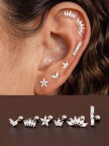 Bộ 6 khuyên tai đính đá Zirconia hình hoa bằng thép không gỉ mạ vàng 18K dành cho nữ, thích hợp cho xỏ khuyên tai sụn tai, vành tai. - Bộ 6 món - Xem 2