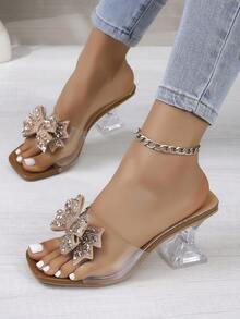 Summer New Transparent PVC Upper Women High Heel Sandals, Crystal Heel Slides, Square Toe Rhinestone Bow Tie High Heel Mules, Luxury Outdoor Wear Party Date Versatile Pumps, Slimming Elevated Slides - Apricot - View 4