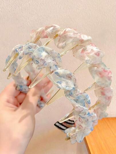 Set de 2 diademas románticas con flores de malla, con dientes antideslizantes, diadema voluminizadora suave - Adecuada para niñas y mujeres, material de malla ligero y transparente, estampado floral azul y rosa, diseño de dientes incorporados que sujeta el cabello de forma segura, también agrega altura a la corona y favorece la forma del rostro, ideal para uso diario, ir y venir, citas