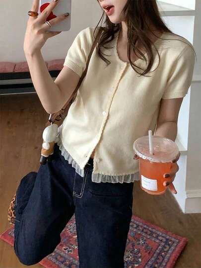 Áo thun ngắn tay cổ tròn màu trơn, dễ thương, viền ren, ngọt ngào và thanh lịch cho mùa hè.