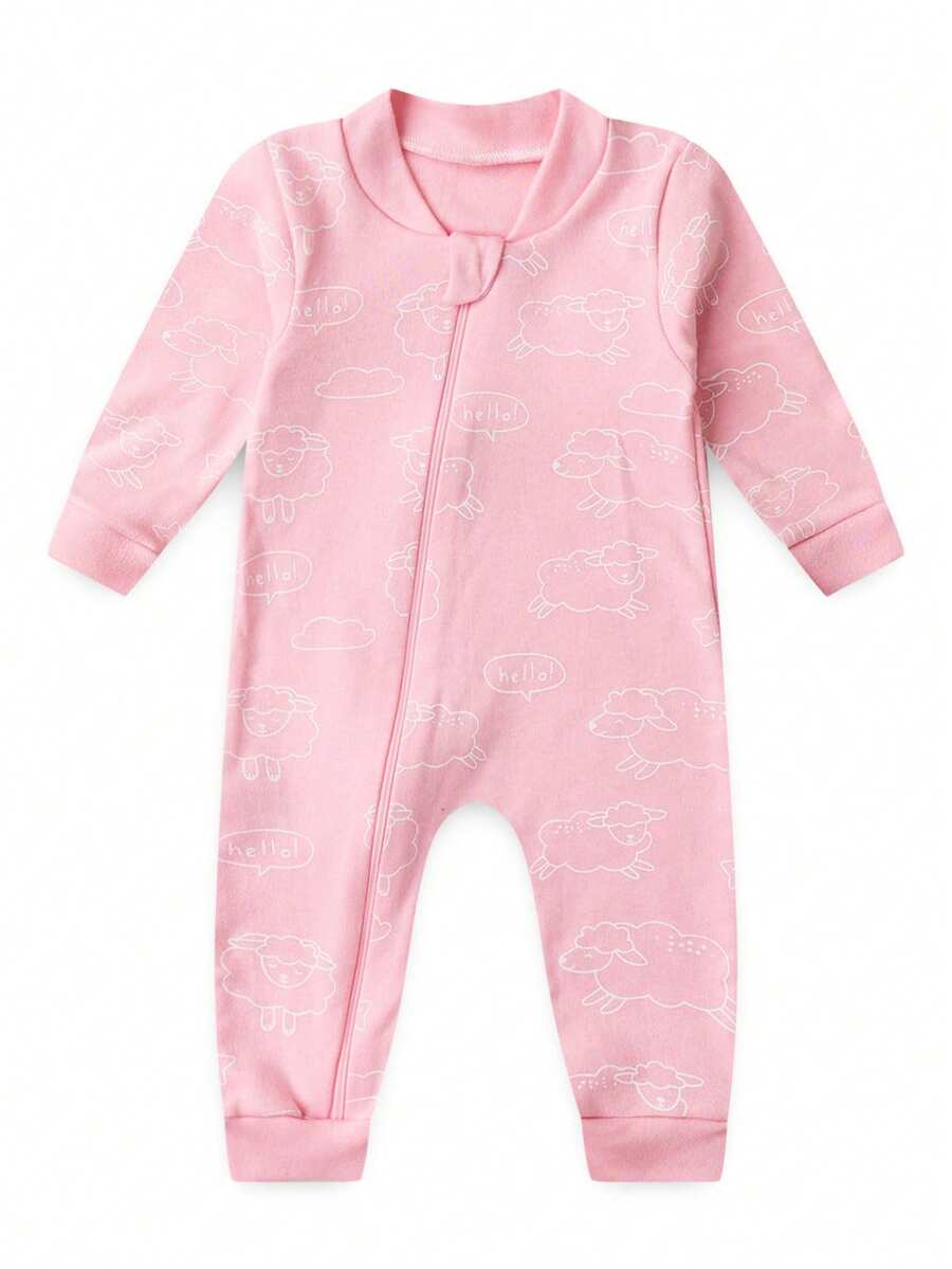 Baby Jumpsuit In Printed Suedine Fabric With Zipper (Newborn/Small/Medium/Large) - Pink - View 1