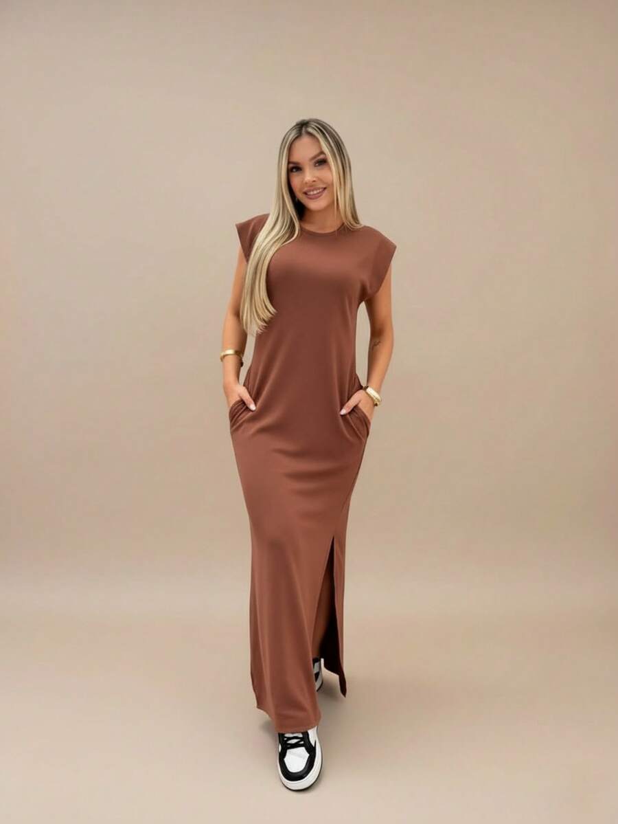 Ribbed Women's Long Dress, Musclete Style, Ribbed Sleeves, Muscle Fashion, Black/Brown, With Side Slit And Functional Pockets, Straight Cut And Great Fit. - 鏽棕色 - 查看 1