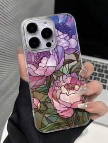 Funda de teléfono con pintura floral, nuevo agujero grande, plumas, chifón, IMD degradado, PC+TPU integrado, pintura brillante y anti-caída - Multicolor - Ver 3