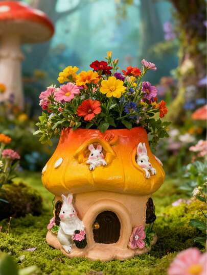可爱兔子蘑菇屋树脂仙女花园装饰，室内/室外花盆，送给植物爱好者的礼物