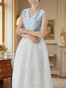 DEVCHATA 优雅无袖V领提花连衣裙，撞色蕾丝喇叭形长款连衣裙，适合毕业派对、约会、晚宴等场合（花卉图案随机） - 藍色 - 查看 6