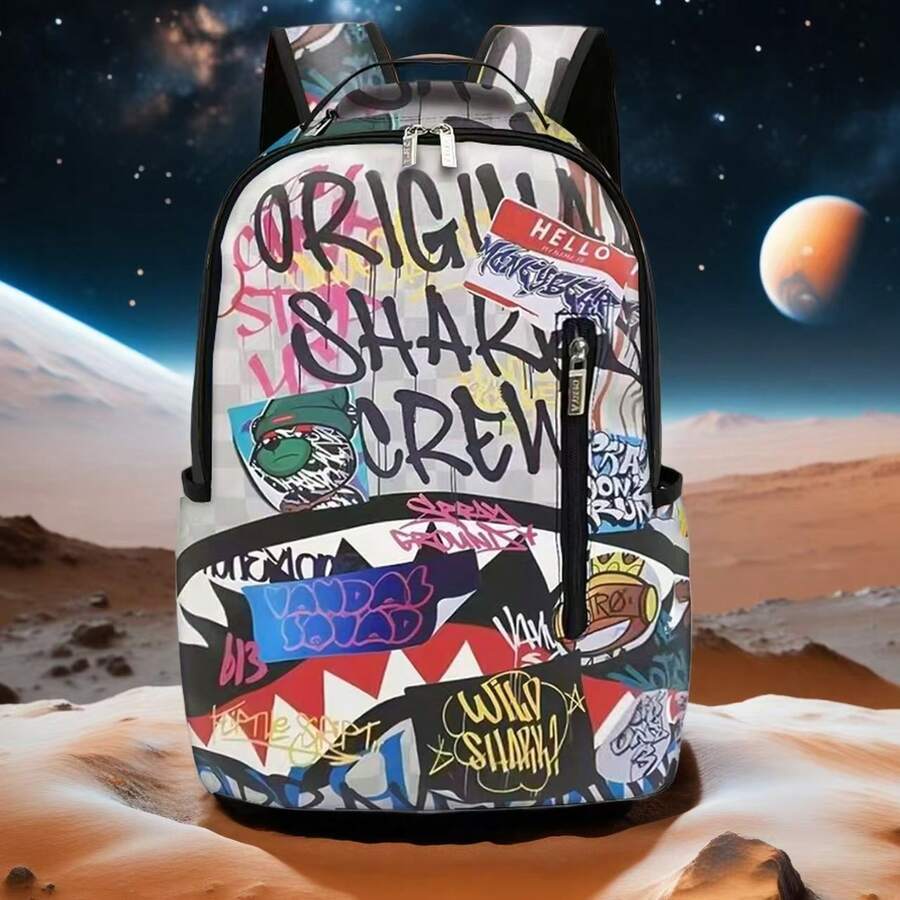 1pc Graffiti Ground Pattern Backpack With Plaid Design, New Lightweight Printed Backpack, Fashionable Commuter Bag, Large Capacity Travel Bag, Adjustable Shoulder Strap, Suitable For Teenagers, Back To School, Valentine's Day Gift, Gift For Friends, Gift For Men, Fun Gift - 灰色 - 查看 1