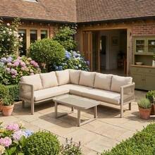 Garden Furniture Set For 6 People, Corner Configuration, Galvanized Steel Tubes, Glass Tabletop, Teslin Rope Weaving, Includes Dining Table, Bench, Chairs And Sofa, Khaki Color. - Khaki - View 3