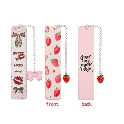 Signet en métal inoxydable double face thème romantique et mignon nœud et fraise, beau signet pour femme, fraise rouge et nœud rose, accessoire de livre romantique et charmant, cadeau idéal pour les passionnées de lecture féminines.