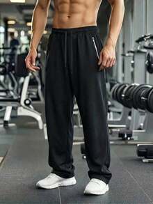 1pc Plus Size Men's Spring/Summer Sports Pants, High Elastic Ice Silk Fabric, Straight-Leg Trousers, Men's 6XL, Reflective Print Black Fall - Black - View 4