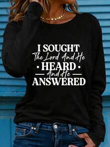 Women I Sought Lord Religious Long Sleeve Tee, Bold Inspirational Verse Print Soft Breathable Casual Faith Top Ideal Christian Gift Daily Wear - 黑 - 查看 10
