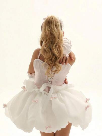 Young Girl Pink Bow White Tulle Elegant Princess Dress, Ballet Dance Costume, Bow Sleeve Cuffs, Suitable For Girls Birthday Party, Prom, Wedding Flower Girl, Graduation Pageant Performance