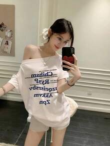 Áo thun ngắn tay lệch vai dành cho nữ, kiểu dáng Hàn Quốc rộng rãi, tôn dáng, in chữ, hở vai, màu trắng thường ngày mùa hè. - trắng - Xem 4