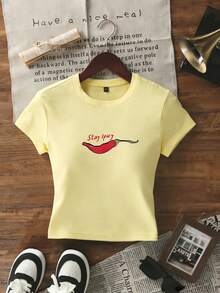 Áo thun ngắn tay cổ tròn in hình ớt, kiểu dáng mùa hè mới, thời trang và đa năng dành cho nữ. - Màu vàng - Xem 2