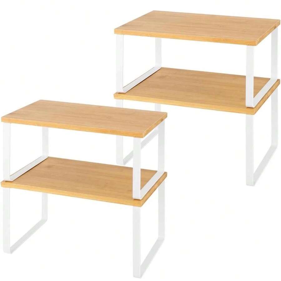 4-Pack Kitchen Cupboard Organizer, Wood & Metal Spice Holder Rack, Stackable Storage Shelves For Cabinet, Countertop & Pantry, Versatile Cabinet Storage Organizer In Natural & White For Home Kitchen