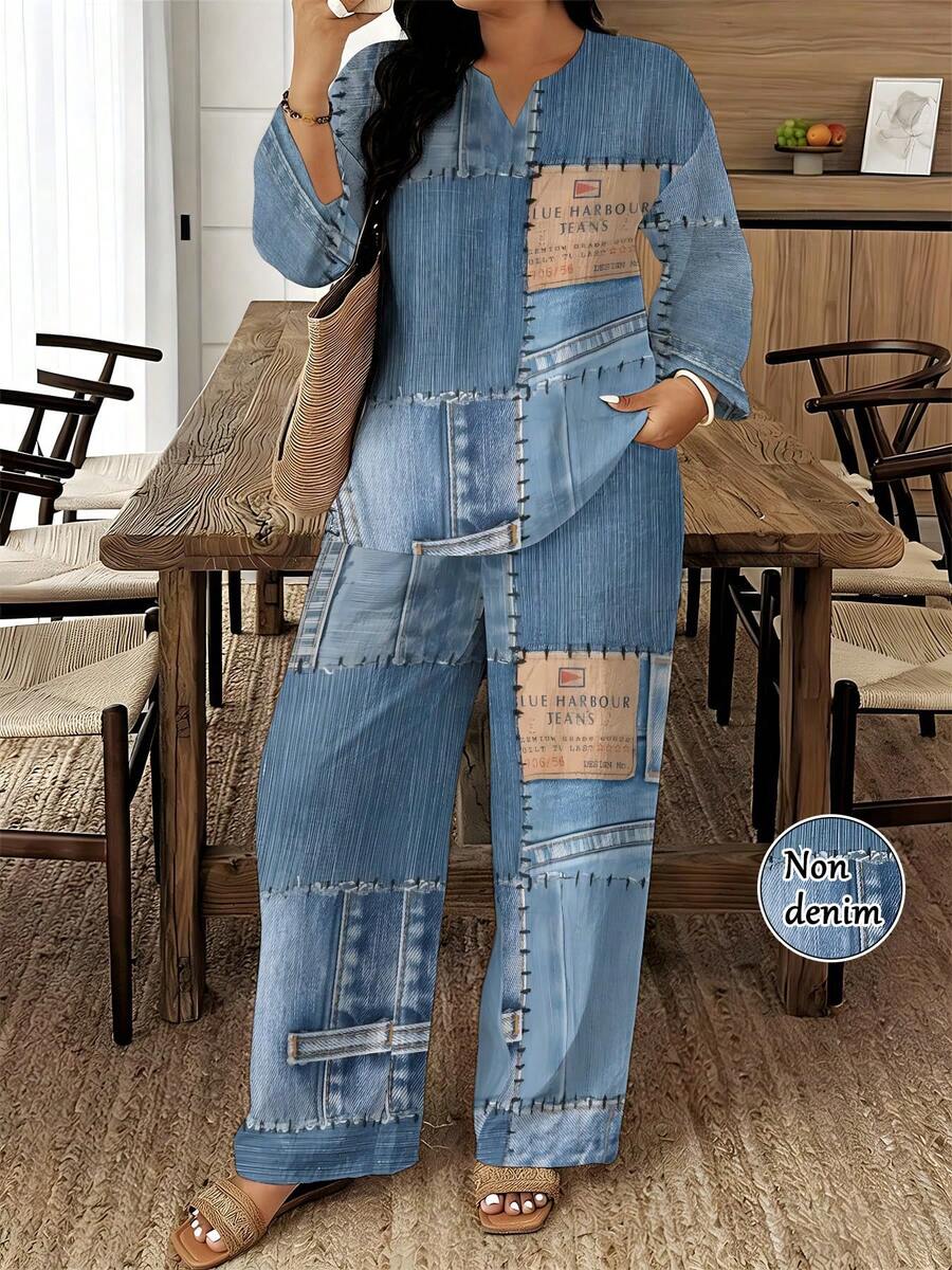 1 Set Casual Attribute Woven Fabric Smooth & Skin-Friendly Women's Home & Outing Summer Birthday Gift Light Blue Denim Patchwork Print Women's Plus Size Two-Piece Set - 彩色 - 查看 1