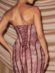 Lace Strapless Tight-Fitting Long Dress With Exquisite Vertical Lace Pattern, Bodycon Evening Party Dress For Women - Burgundy - View 4