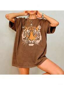 Vintage Tiger Tee - Retro Animal  T-Shirt, 90s Animal Gift For Tiger Lover, Wild Cat Shirt, JungleTiger Graphic Tee220G Heavyweight1830% CottonT-Shirt - 棕色 - 查看 4