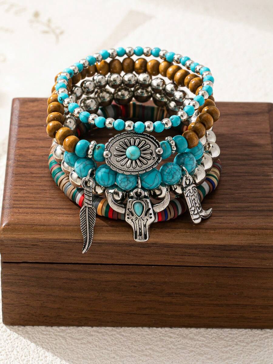 5件套波西米亚风木珠手链，饰以绿松石叶子、雏菊、牛头和高跟鞋图案，女士款 - 藍色 - 查看 1