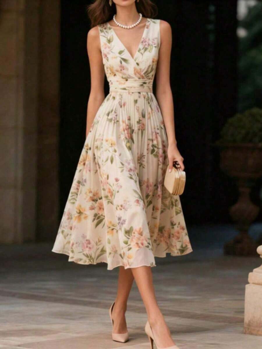 Women's Floral Print Elegant Vintage Zip-Up Pleated Sleeveless Casual Dress, Suitable Spring, Summer, Autumn Vacation - 淺粉色 - 查看 1