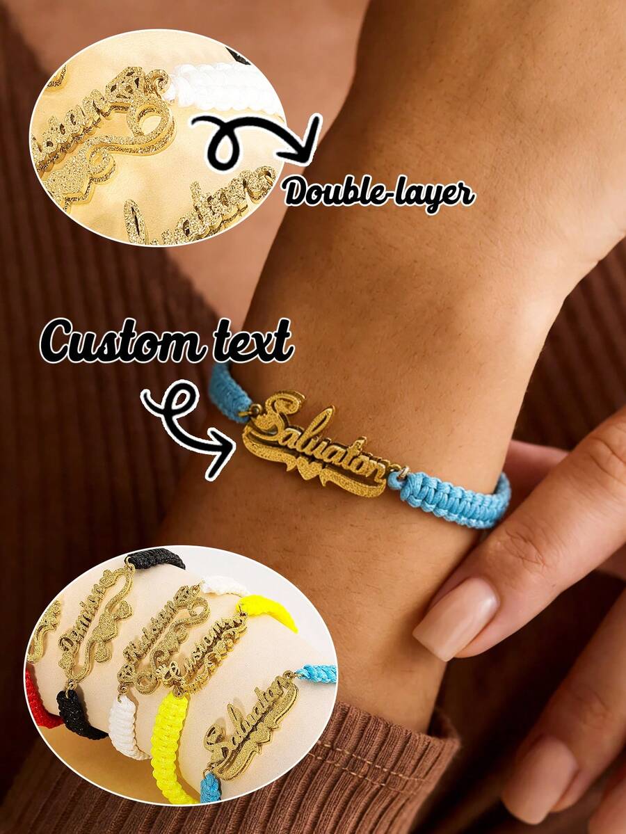 定制文字双层编织手链,多色手工绳情侣款,舒适日常佩戴。双层3D字母牌支持定制刻字,是送给女朋友的理想礼物,情侣纪念品和日常时尚配饰,适合通勤、约会、街头穿搭,也是经典的母亲节礼物。 - 金色 - 查看 1
