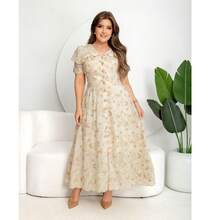 Evangelical Fashion Dress, Midi Skirt, Buttons, Embroidered Detail, Ruffle. - Beige - View 9