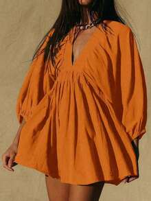 New Spring/Summer Elegant Fashion Sexy Deep V-Neck Puff Sleeve Casual Mini Dress For Women, Vacation Boho & Western & Tropical & Sun Dress - 橘色 - 查看 2
