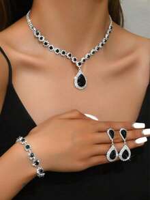 Bộ trang sức dự tiệc sang trọng dành cho nữ - Dây chuyền, bông tai, vòng tay. - màu đen - Xem 2
