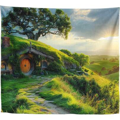 Hobbit Style House Tapestry For Bedroom – Green Hill Garden Landscape Backdrop For Ring Lord Fans Party, Fantasy Birthday Decoration, Classroom Reading Corner Background (60x50inch)