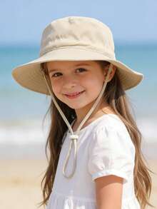 1pc Kids' Sun Protection Hat With Wind Cord, Minimalist Solid Color Or Cartoon Print Design, Lightweight Breathable Bucket Hat, Suitable For Beach And Daily Outings - 1PC - Girl - View 9