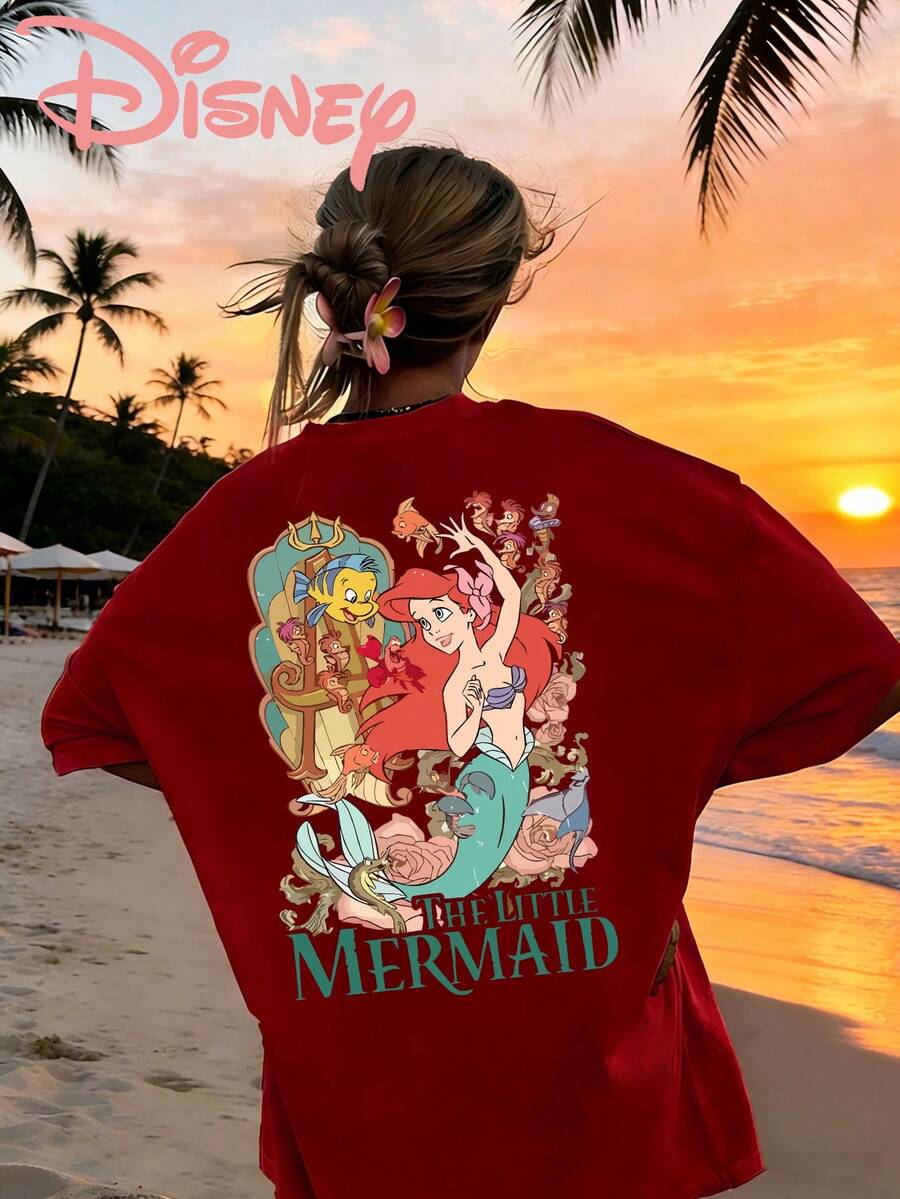 Women's Casual Disney Little Mermaid Ariel Graphic Short Sleeve Round Neck T-Shirt Perfect For Beach Vacations - Đỏ - Xem 1