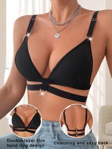 女士性感交叉露背无钢圈文胸，双层环扣设计，罗纹面料舒适内衣 - 黑色 - 查看 1