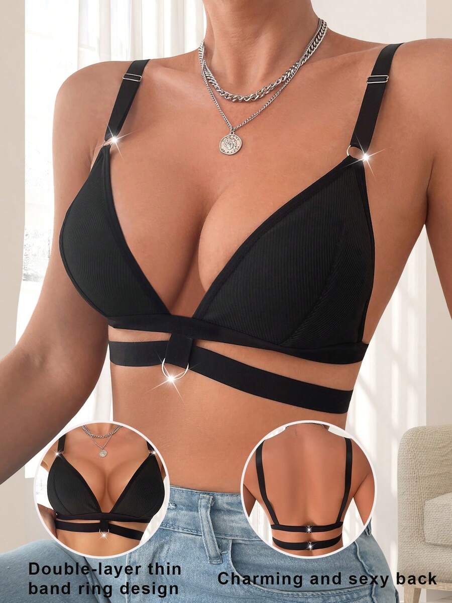 女士性感交叉露背无钢圈文胸，双层环扣设计，罗纹面料舒适内衣 - 黑色 - 查看 1