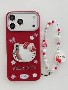 SANRIO 1 pieza Funda de teléfono con espejo y lazo de gato de dibujos animados TK + Correa de cordón, apta para iPhone 11-17 Pro Max - Rojo - Ver 2