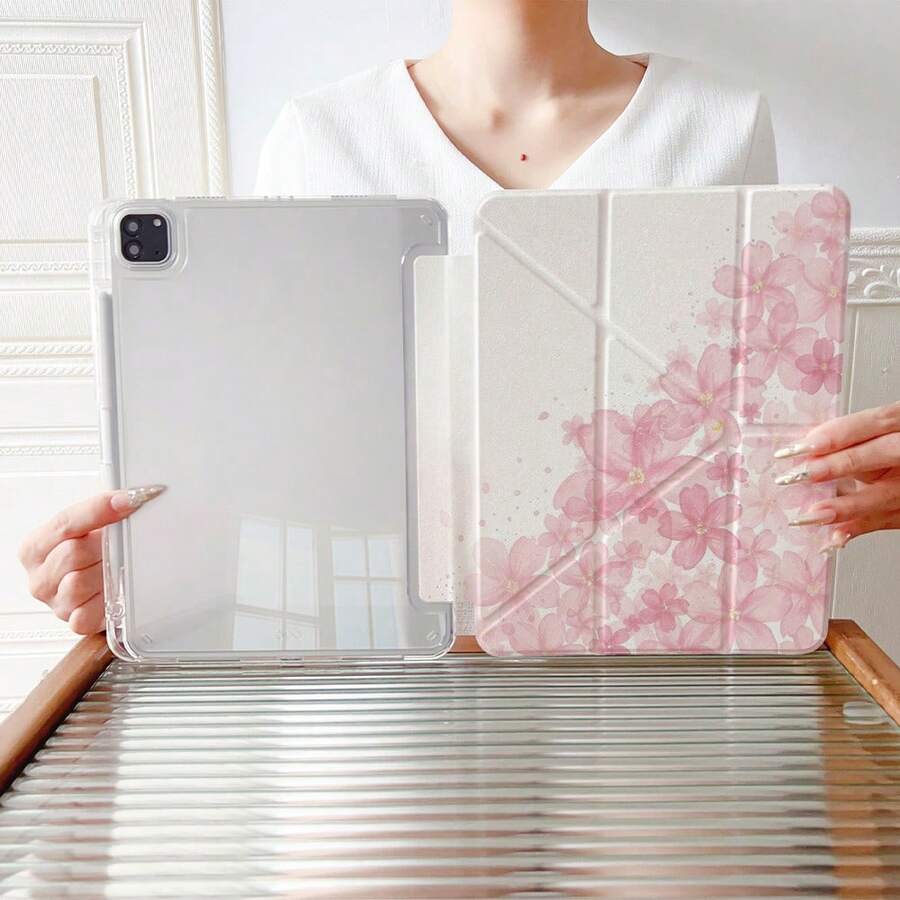 1个双面粉色樱花图案3+Y折叠多角度磁吸支架平板电脑保护套,带笔槽和自动休眠/唤醒功能,兼容iPad Pro/Air、iPad 5/6/63。 - 彩色 - 查看 1