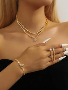 优雅新娘首饰套装，4件套，闪耀迷人的项链、耳环、手链组合 - 金色 - 查看 1