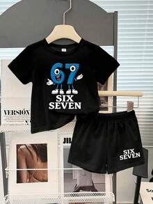 Kortärmad t-shirt och shorts för babypojkar med nummertryck - Svart - Visa 2