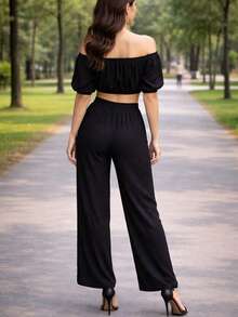 Set de dos piezas Ligero delgado Pantalón y blusa ombliguera de moda para mujer casual de uso diario de moda top corto unicolor para vacaciones - Negro - Ver 3