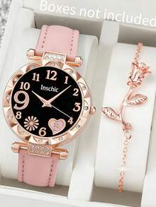 1pc Women's Fashion Minimalist Heart Quartz Watch With Diamond Number Dial + 1pc Heart Bracelet, As Valentine's Day Or Back To School Gift - Multicolor - View 1