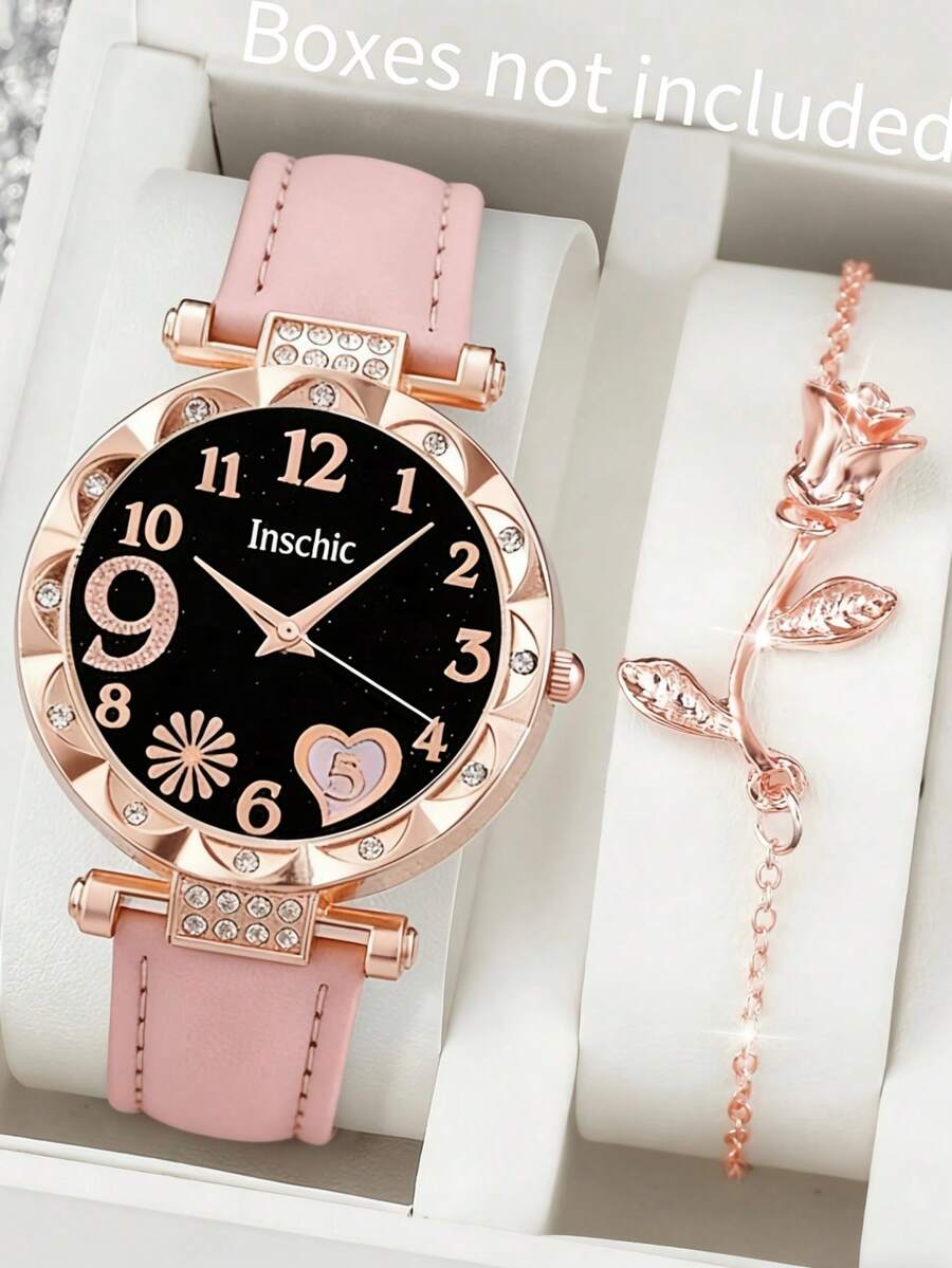1pc Women's Fashion Minimalist Heart Quartz Watch With Diamond Number Dial + 1pc Heart Bracelet, As Valentine's Day Or Back To School Gift - Multicolor - View 1