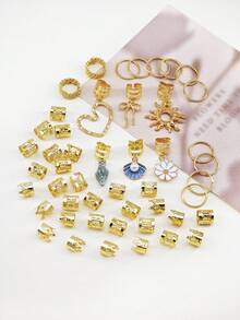 48pcs Ocean Garden Style Hair Scrunchies, Including Shell, Hollow Sun, Pearl Shell, Daisy, Bow Knot And Heart Designs, Romantic Adjustable Alloy Hair Clips, Suitable For Beach Vacation And Seaside Style - Gold - View 3