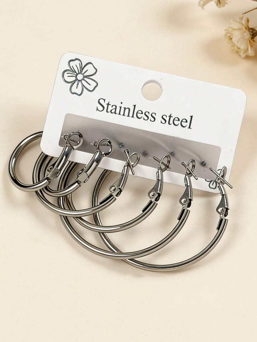 3 Pairs/Set Stainless Steel Geometric Earrings, Polished Geometric Earring Set For Women, Suitable For All Seasons, Daily, Party, Banquet Accessories, Christmas Gift - Silver - View 1