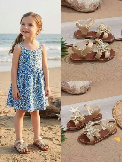 1 đôi dép xăng đan đế bằng màu vàng cho bé gái, mềm mại và thoải mái, trang trí nơ nhiều màu sắc, mũi tròn, đế mềm chống trượt, dép xăng đan công chúa dễ thương phong cách Bohemian thời trang, thích hợp cho đi chơi hàng ngày, đi biển, nghỉ lễ, dự tiệc, mùa xuân/hè 2026.