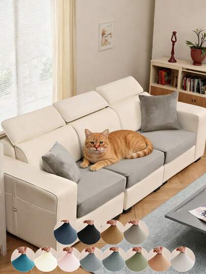 1pc Solid Color Silver Fox Velvet Sofa Seat Cushion Cover + Pillow Case, All-Season Modern Minimalist Stretch Sofa Pad Cover, Scratch-Resistant, Anti-Slip, Dust-Proof, Washable, Suitable For Living Room, Bedroom, Study, Pillow Case Does Not Include Insert