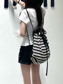 Back To School Korean Style Casual Oversized Capacity College Backpack, Striped Fashion Student Backpack, Niche Design For University & High School, Versatile Commute & Outdoor Bag - Black - View 2