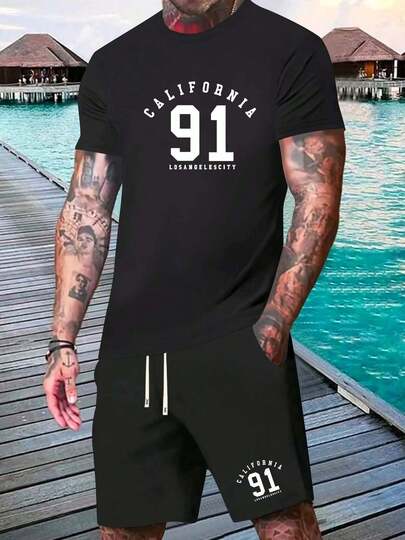 Men's Summer Tops 91 Print Men's Summer Leisure Suit, T-Shirt With Round Neck And Drawstring, Perfect For Everyday Wear, Cotton T-Shirt