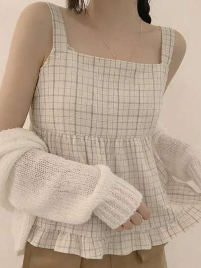 Áo hai dây kiểu cổ điển dành cho nữ, dáng rộng, có dây buộc và bèo nhún ở gấu, thích hợp mặc mùa hè.