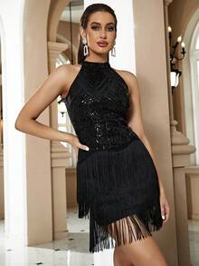 Sexy Sleeveless Halter Neck Black Sequin Layered Tassel Patchwork Mini Party Cocktail Dress Wedding - Black - View 2
