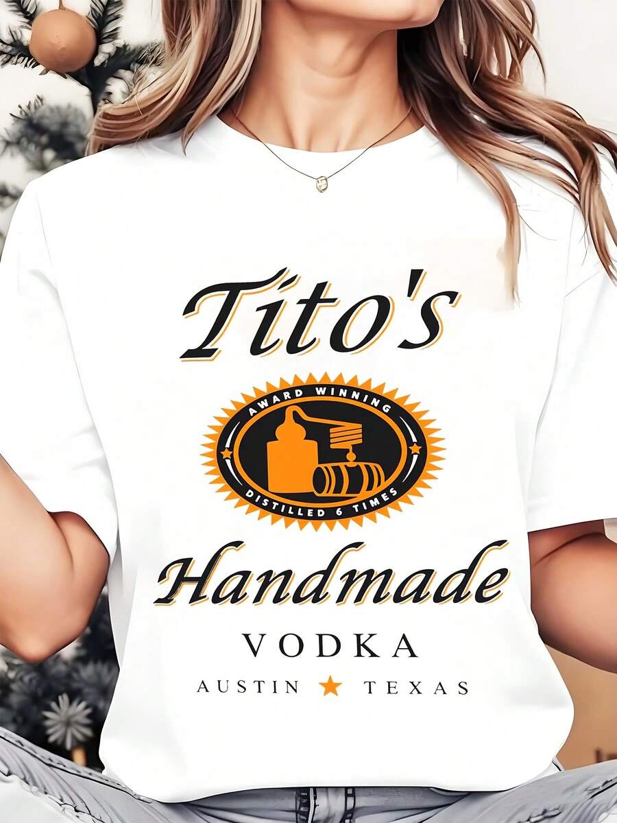 Womens Crewneck T Shirt Tito's Handmade Vodka Austin Texas Logo Print Casual Everyday Wear Summer Festival Outfit 220g - 白色 - 查看 1